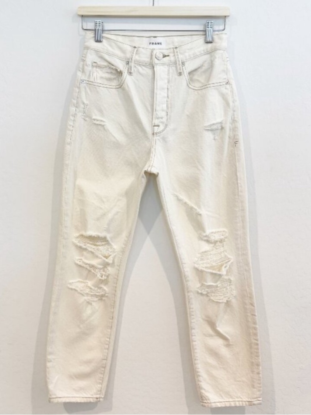 Frame Jeans Size 25 Off White Distressed High Rise Button Fly Rigid Alternative